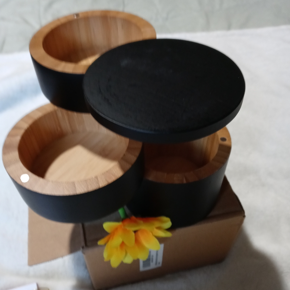 Mopcku -BAMBOO TRIPLE SALT BOX WITH MAGNETIC SWIVEL LIDS
